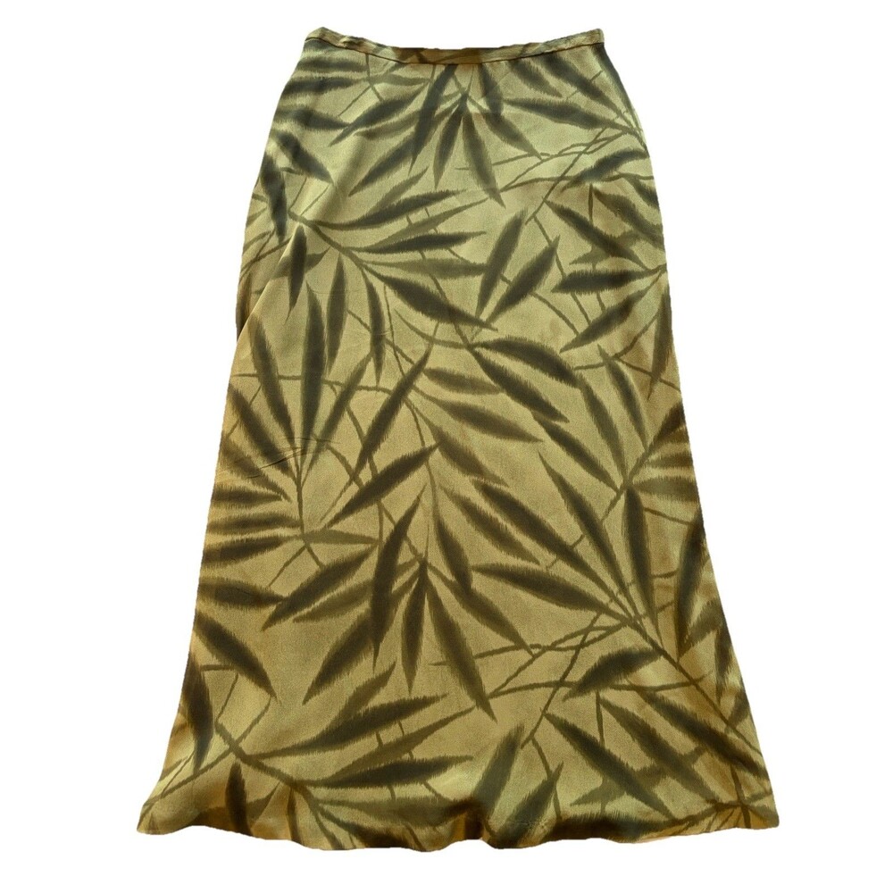 Vintage Jones New York 100% Silk Midi Skirt Green Leaf Jungle Print Size M Y2K